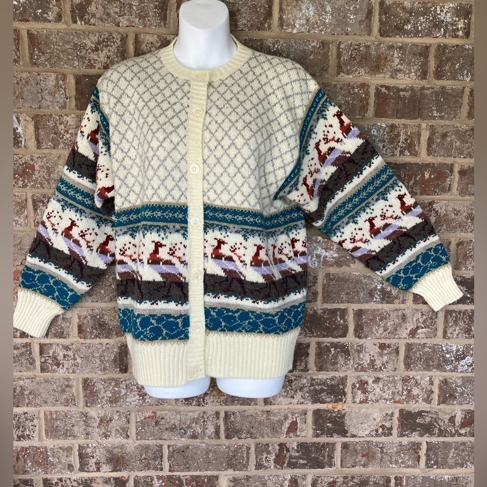 Vintage 1980s The Import Workshop  Grannie Cardigan Windowpane Bird Print Size S